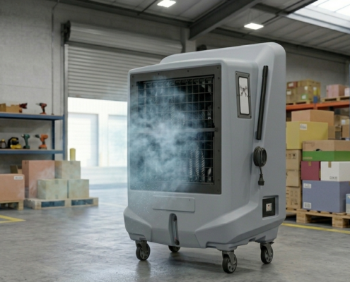 La imagen muestra el montaje de un enfriador evaporativo en acción