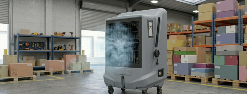 La imagen muestra el montaje de un enfriador evaporativo en acción